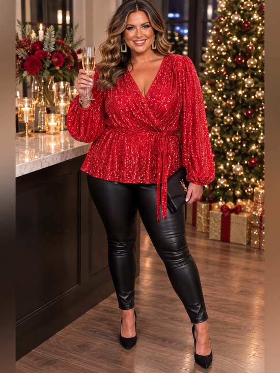 Nanette Lepore Tops - Nanette Lepore NWT Lava Red Sequins Faux Wrap Blouse